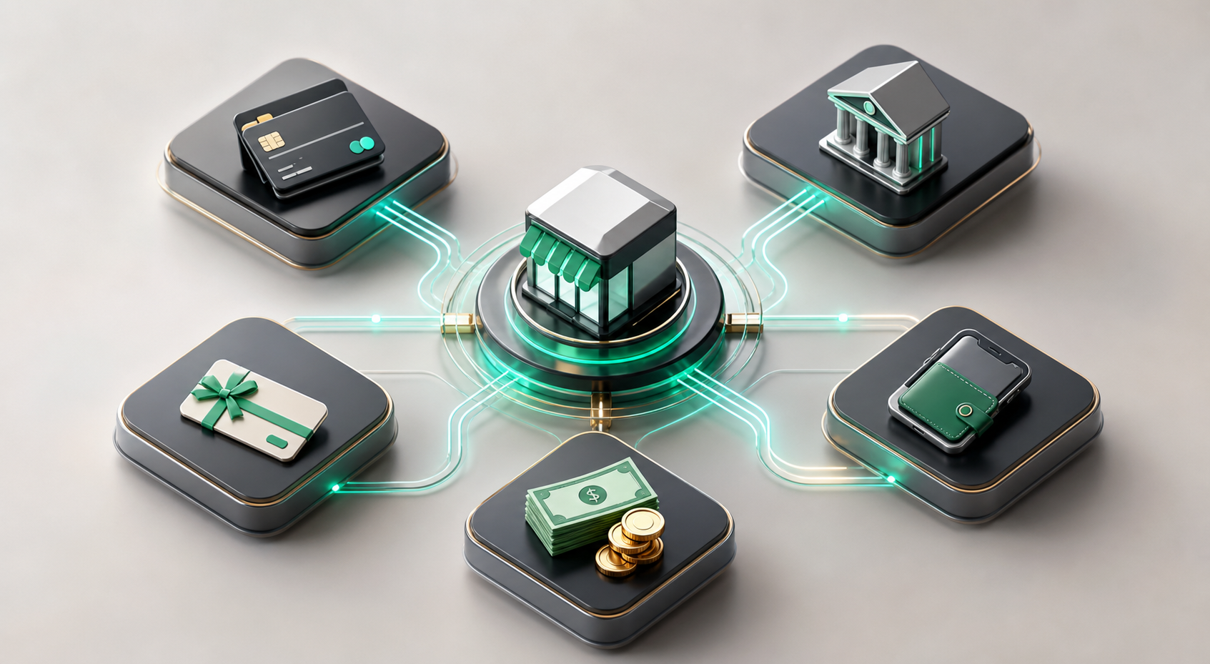 3D payment method tiles connected to a merchant settlement hub